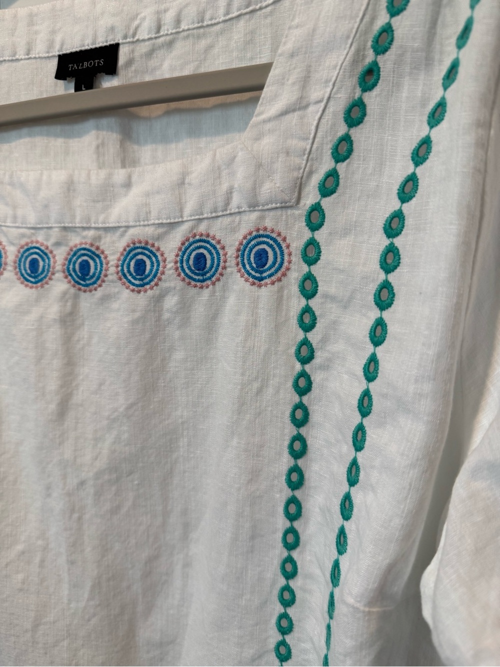 Talbots White Linen and Cotton Embroidered Short-Sleeve Top - Teal & Blue - Picture 3 of 9